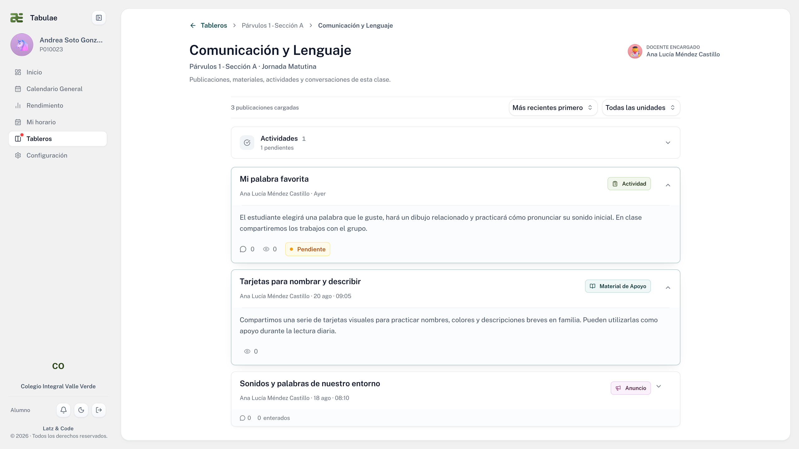 Tablero de Comunicación y Lenguaje con actividades, material de apoyo y comentarios